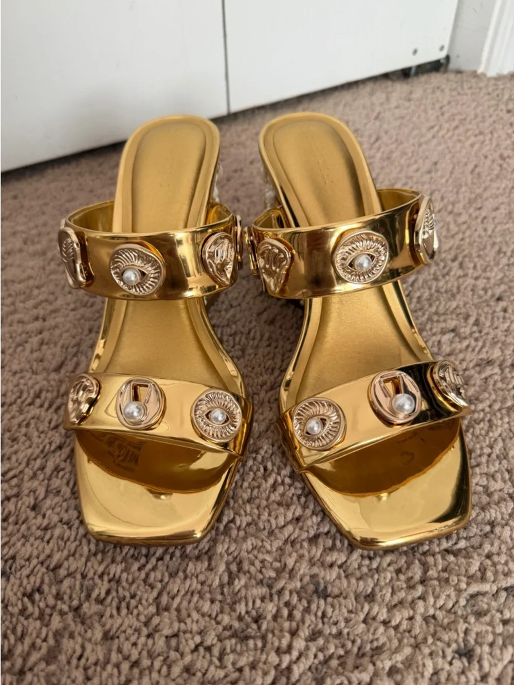 Gianni Bini Gold Pearl Ornament Slide Sandals - Picture 4 of 10